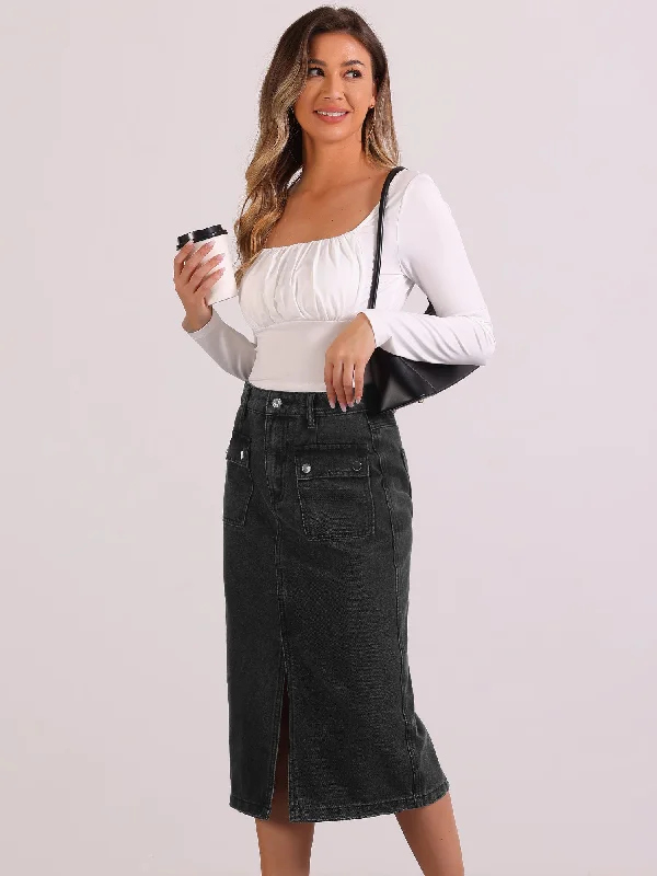 Slim Boyfriend Jeans for Hybrid -Denim Pocketed Split Hem Casual Midi Jean Skirt