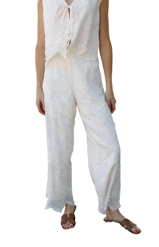 Stretchy tight trousers for women with soft fabric and flexible fit -Embroidered Pants In White