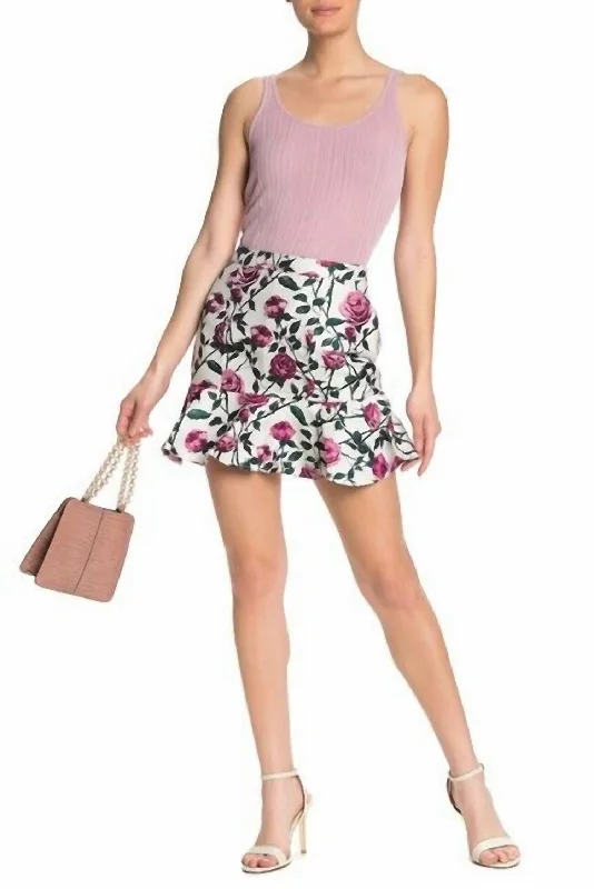 Yellow Dresses for Bright -Floral Print Jacquard Ruffled Hemline Mini Skirt In Magenta Combo