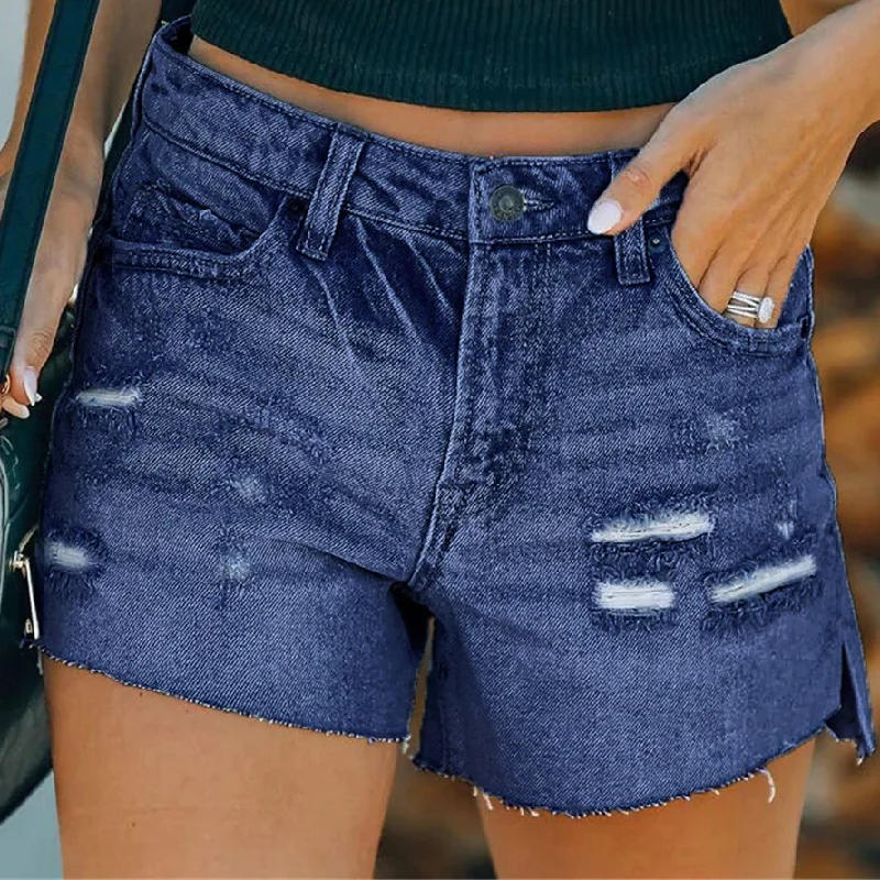 Best casual shorts for men with a stylish and functional design for everyday use-Women's Sexy Streetwear Mid Waist Hole Stretch Side Slit Jeans Shorts