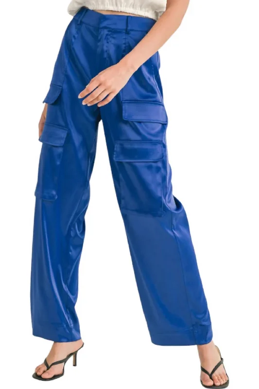 Soft stretch tight trousers for men with comfortable waistband for all-day wear -Cassie Satin Cargo Pants In Slate Blue