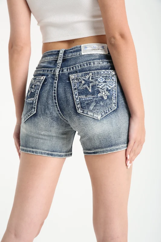 Classic cargo shorts for men with multi-pocket design for carrying essentials on-the-go-Stars Embellished Mid Rise Denim Shorts