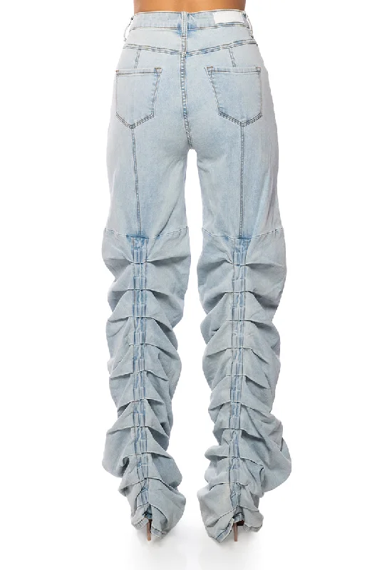 Hiking Jeans for Trail -NEVER CHANGE RUCHED RELAXED FIT JEANS IN LIGHT BLUE DENIM