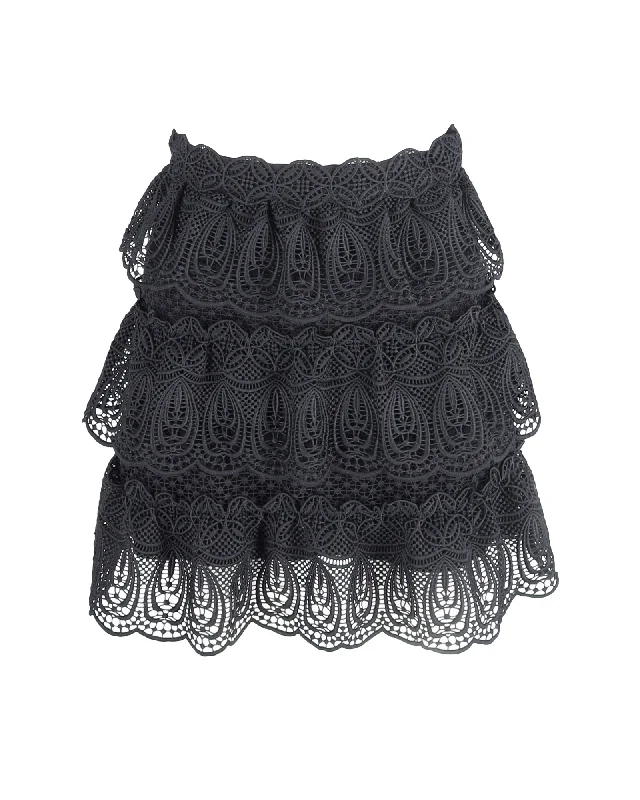 Resort Dresses for Vacation -Self-Portrait Crochet A-Line Tiered Skirt in Black Polyester