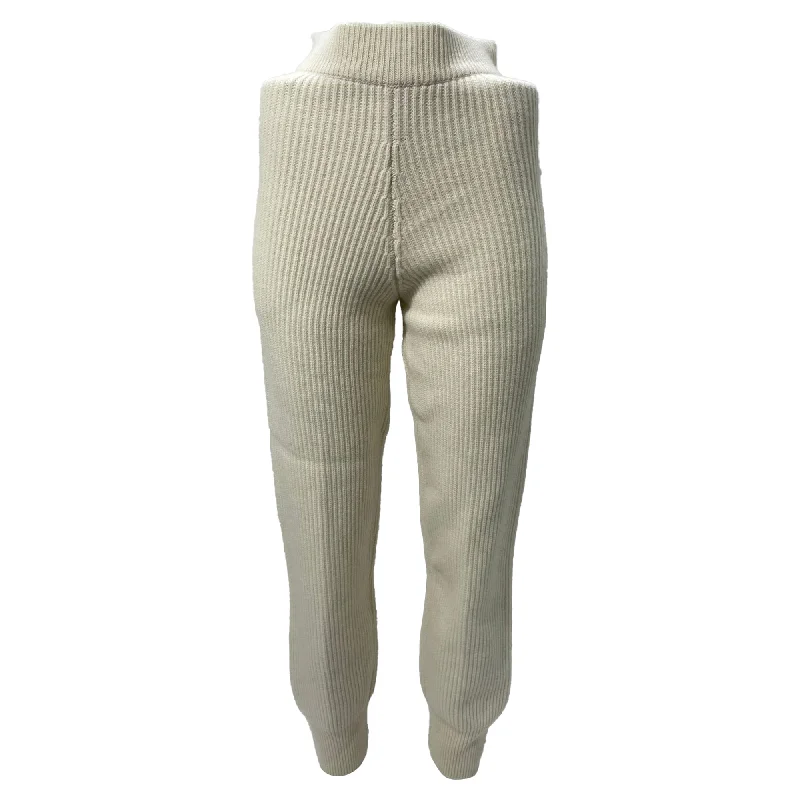 Fashion-forward tight trousers for women with metallic sheen and edgy design -The Frankie Shop Ribbed Knit Jogger Pants in Cream Wool