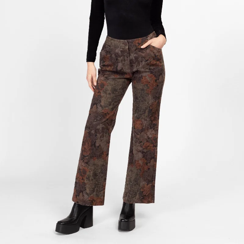 Metal Button Jeans for Classic -Medium 90s Y2K Brown Floral Tapestry Print Jeans