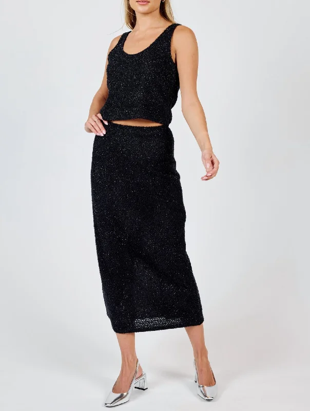 Fashionable Dresses for Style -Creative Energy Lurex Knit Midi Skirt In Black Silver