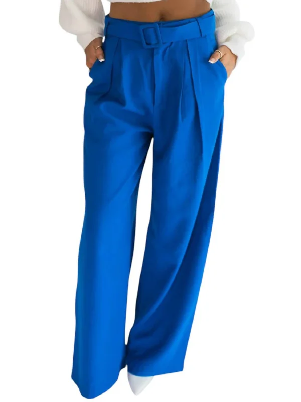 High-rise tight trousers for women with pleated front and classic look -Kylen Belted Trousers In Royal Blue