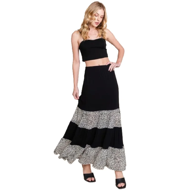 Off-shoulder Dresses for Feminine -Long Tiered Contrast Fashion Skirt With Velvet Animal Print Mesh