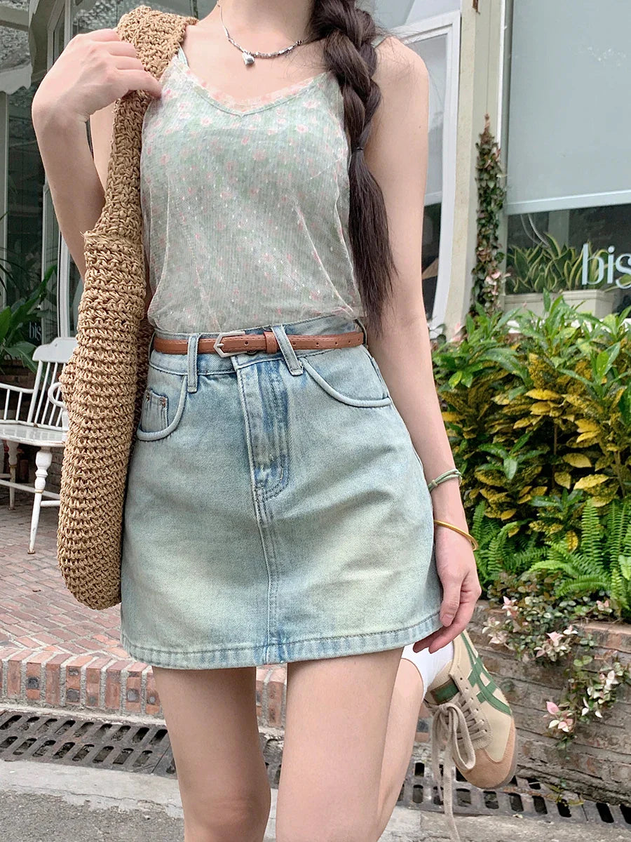 Casual Friday Jeans for Relaxed -Streetwear High Waist Retro Casual Jean Mini Skirt