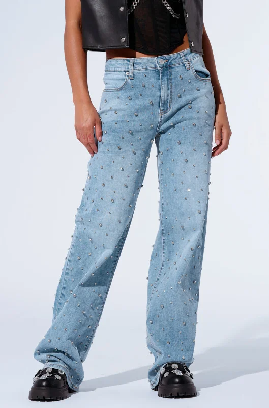 Embellished Back Pocket Jeans for Glamour -EVERYTIME RHINESTONE EMBELLISHED STRAIGHT LEG JEANS