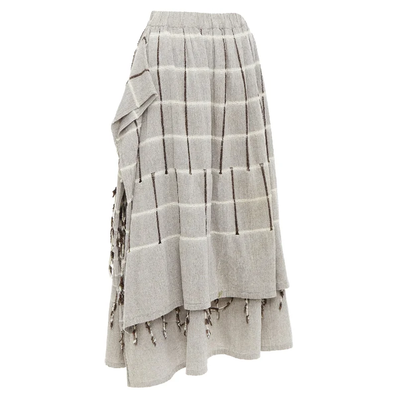 Off-shoulder Dresses for Feminine -Issey Miyake checked fringe trim layered skirt