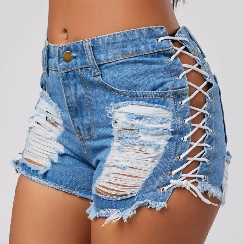 Best board shorts for surfing with durable fabric and quick-dry features-Summer Women's Black Blue High Waist Ripped Denim Shorts with Tassel