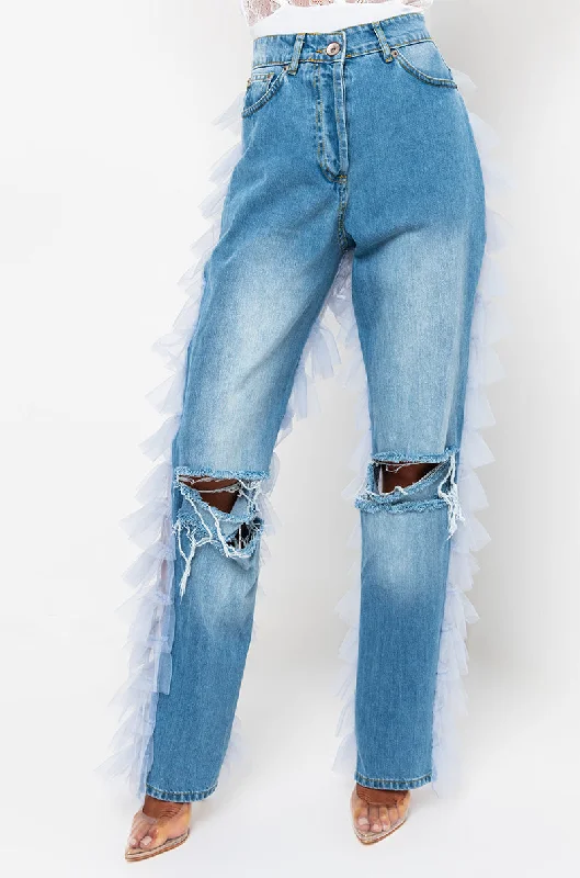 Straight Jeans for Classic Style -PRETTY LADY DENIM JEANS WITH BACK RUFFLE TULLE TRIM LIGHT BLUE