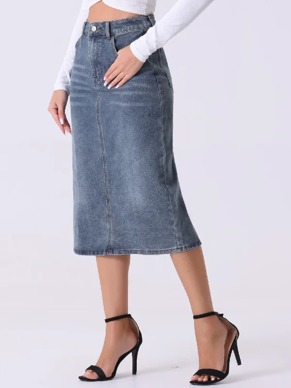 High-end Jeans for Exclusivity -Casual Denim High Waist Stretchy Midi Pencil Jean Skirt