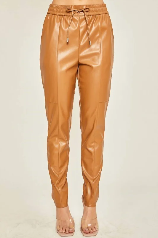 High-rise tight trousers for women with side zippers for easy styling -Faux Leather Pants In Camel