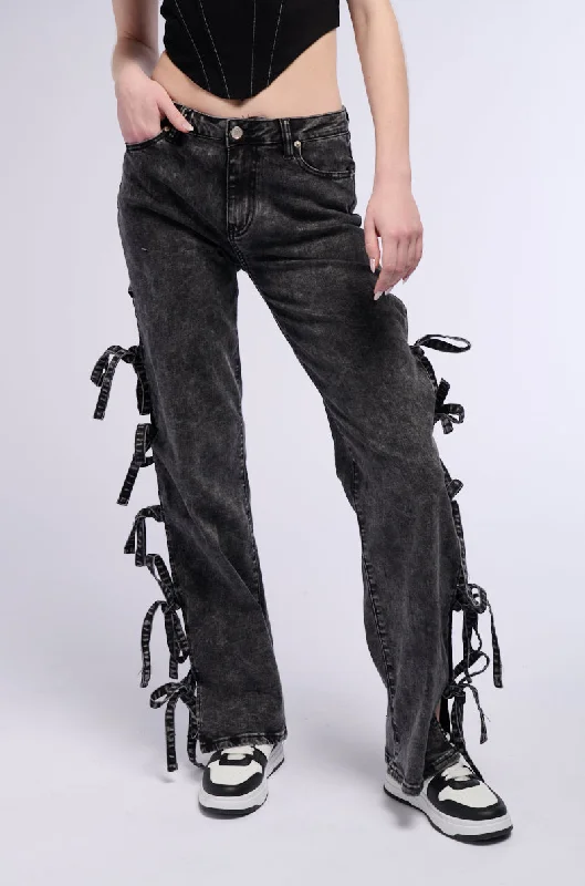 Holiday Jeans for Festive -ACID WASH TIE UP SIDES STRAIGHT LEG JEAN