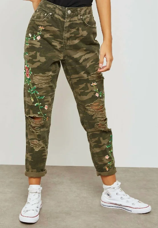 Tight fit trousers for women with ankle-length design and modern appeal -High Rise Camo Print Floral Embroidery Ripped Mom Jeans In Multicolor