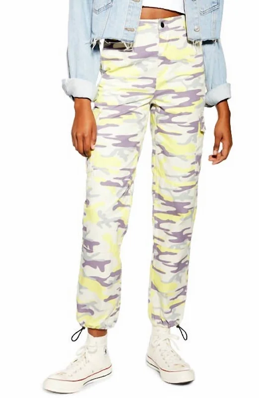 Fashion-forward tight trousers for women with metallic sheen and edgy design -Camo Print Utility Pants In Multicolor