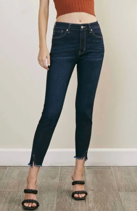 Boho-inspired tight trousers for women with earthy tones and relaxed fit -Shanna Split Hem Jeans In Dark Wash