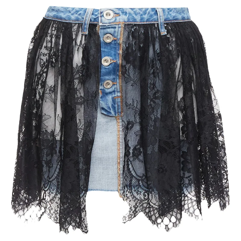 Nylon Dresses for Stretchable -Unravel Project Floral Lace Ruffle Denim Inside Out Skirt