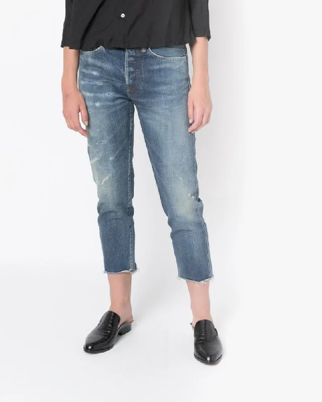 Rolled Shorts Jeans for Style -Selvedge Denim Narrow Tapered Cut Jeans in Used Repair