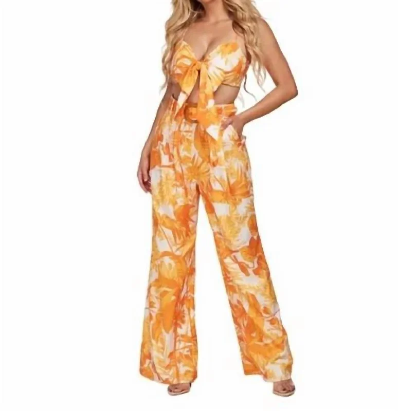 Stretch tight trousers for women with deep waistband for extra comfort and fit -Tropical Print Pant Set In Yellow & White