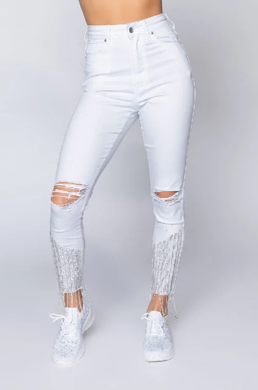 High Waisted Jeans for Shape -TOO GOOD HIGH WAISTED RHINESTONE FRINGE SKINNY JEANS WHITE