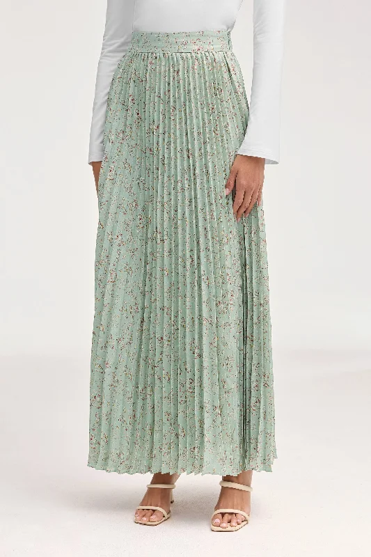 Elastic Dresses for Fit -Pleated Floral Maxi Skirt - Sage