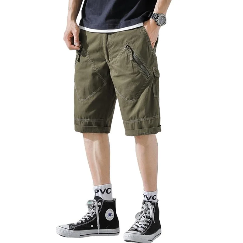 Best beach shorts for men with tropical prints and stretchable fabric for comfort-Summer Multi Zippers Cotton Solid Casual Bermuda Cargo Camo Shorts for Men