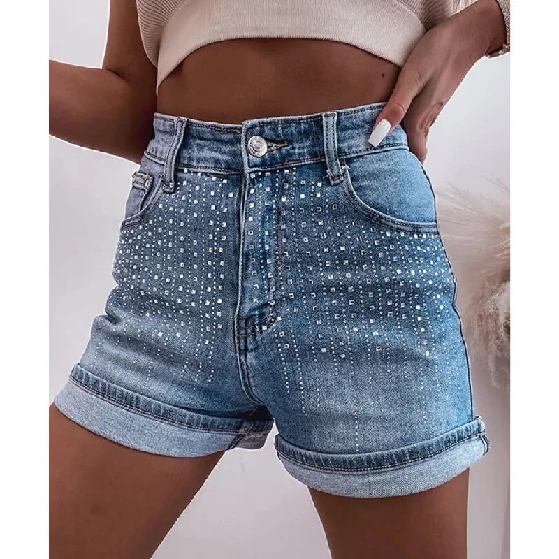 Trendy patterned shorts for men with camo print for an edgy, military-inspired style-Sugar & Lace Womens Ashleigh Rhinestone Denim Shorts - SL7831617-P604