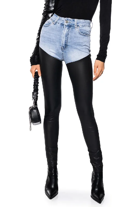 Raw Hem Jeans for Trendy -FLEX FIT EXTREME STRETCH HIGH WAIST SKINNY JEANS WITH FAUX LEATHER