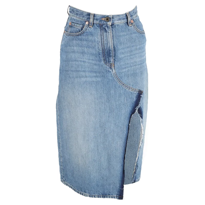 Buttoned Dresses for Stylish -Valentino Side Slit Denim Skirt in Blue Cotton Denim