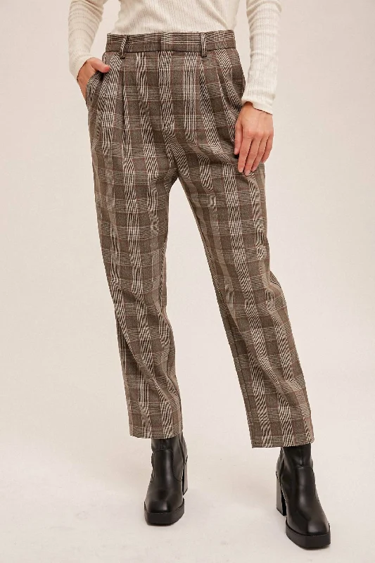 Printed tight trousers for men with camo, plaid, or abstract design for style -Plaid Trousers With Pockets In Brown