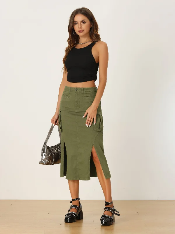 Distressed Jeans for Edgy Style -Denim Cargo Y2K Split Hem Midi Pocketed Jean Skirt