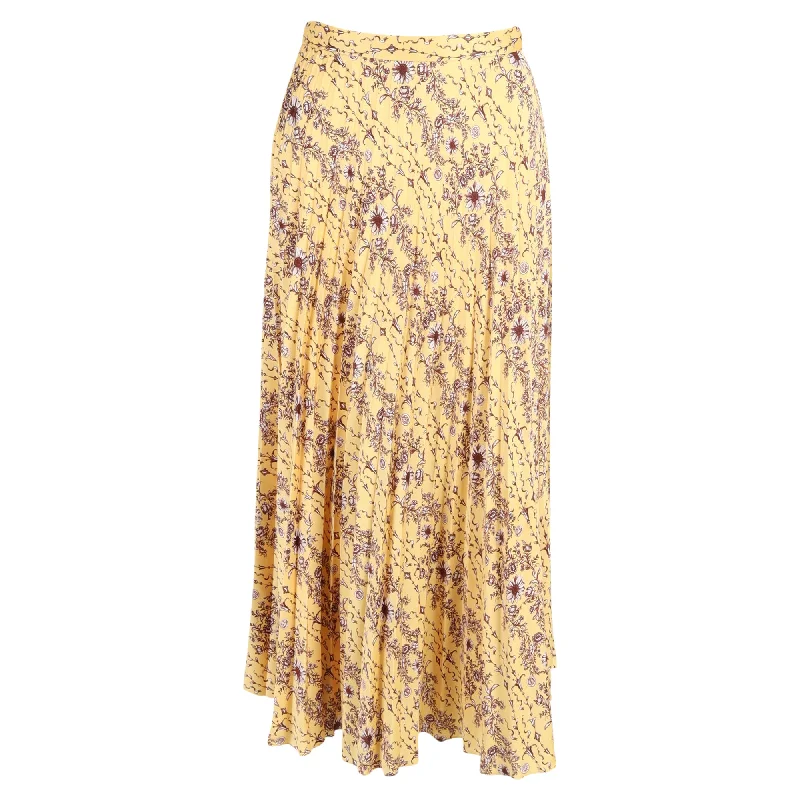 Birthday Dresses for Celebration -Sandro Lilou Pleated Floral-Print Midi Skirt in Yellow Satin