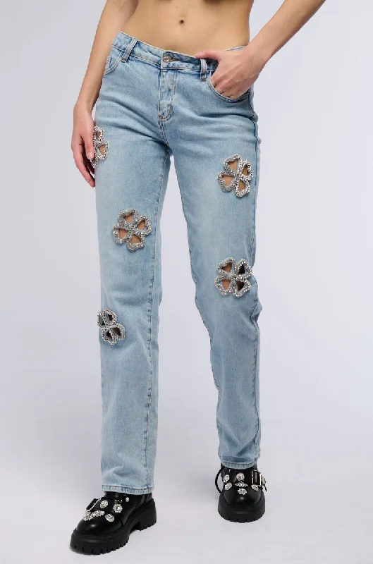 Gray Jeans for Neutral Tone -DIVINE FEMININE ENERGY RHINESTONE DETAIL JEANS