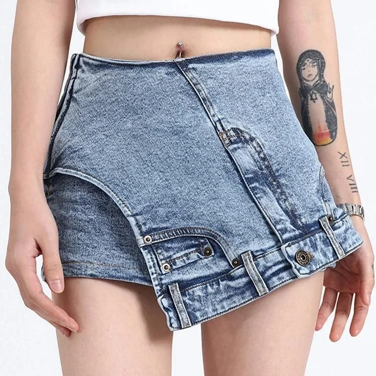 Lightweight chino shorts for men with a polished and casual appearance-High-Waist Patchwork Denim Shorts for Women