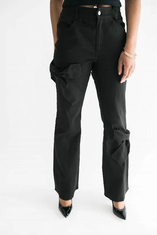 Stretchy tight trousers for women with soft fabric and flexible fit -Haddy Bow Detail Flare Jeans In Black