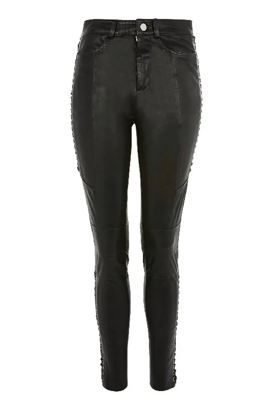 Tight trousers for women with pockets and slim silhouette for practical fashion -Lace Up Biker 100% Leather Skinny Pants In Black