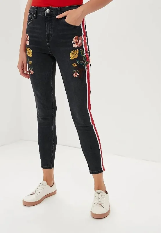 Form-fitting tight trousers for women with slimming effect and flattering cut -Moto Stripe Floral Embroidery High Rise Skinny Jeans In Multicolor