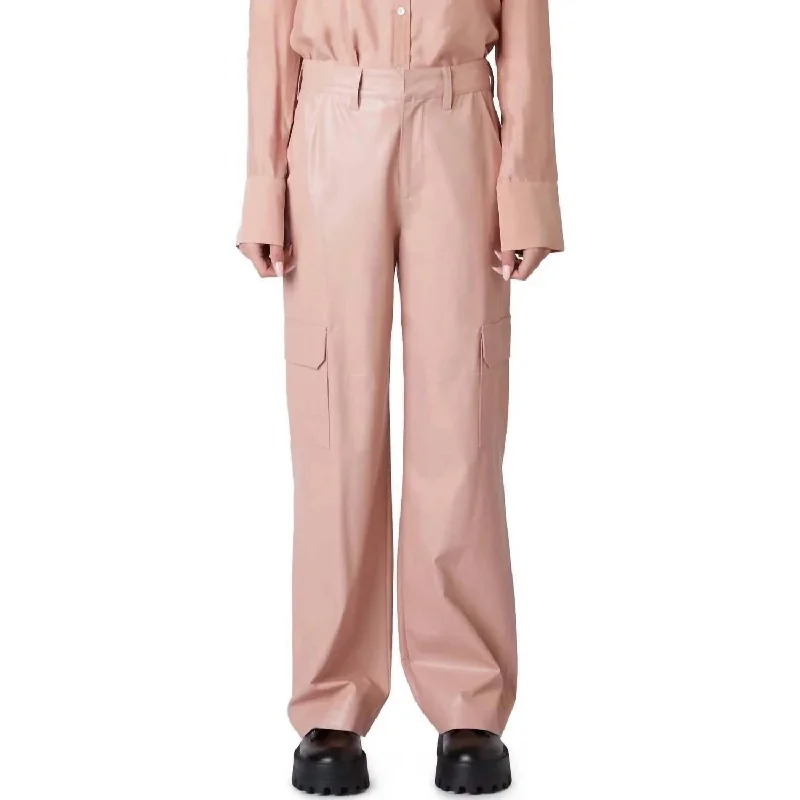 High-waisted tight trousers for women with slimming silhouette and smooth fit -Vegan Leather Cargo Pant In Pink