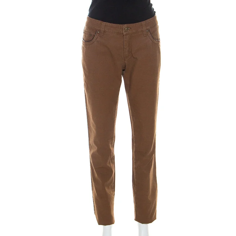 Bold color tight trousers for women with bright hues and daring style choices -Roberto Cavalli Brown Stretch Cotton Leather Piping Detail Jeans