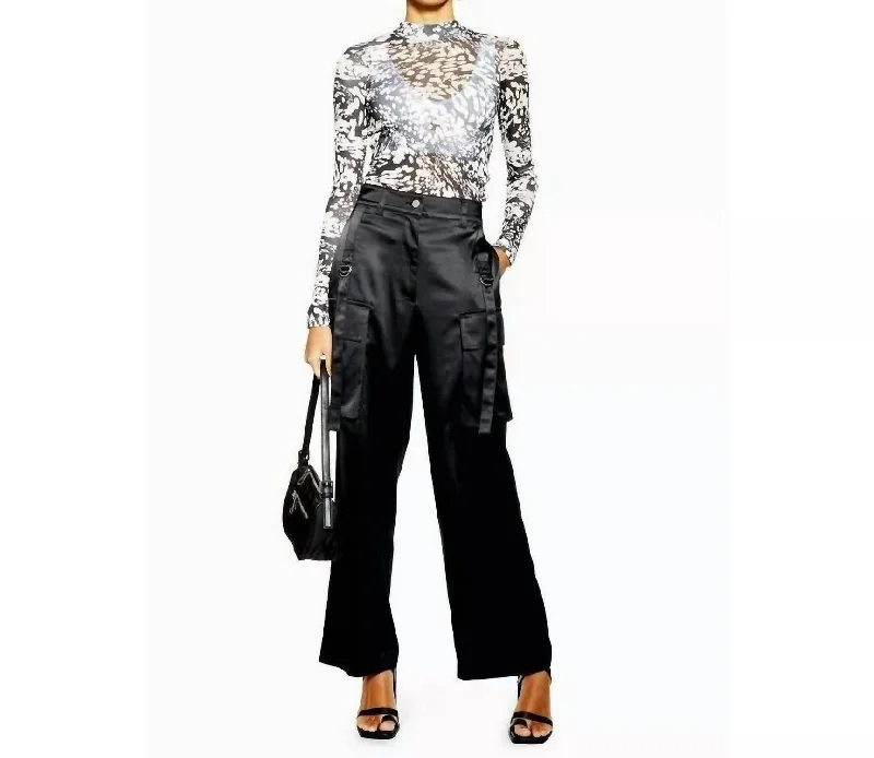 Bright colored tight trousers for women with striking hues for bold statement -Wide Leg Side Pockets 90's Wide Leg Satin Pants In Black