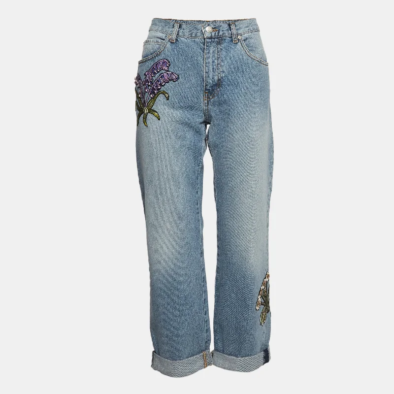 Tight trousers for women with decorative buttons and flattering silhouette for day wear -Alexander Mcqueen Blue Embroidered Floral Denim Boyfriend Jean