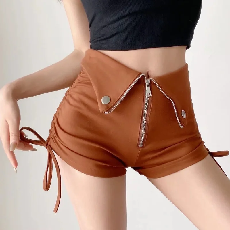 Casual chino shorts for men with a slim fit for a modern, polished look-Sexy Women's Side Drawstring Zipper High Waist Techwear Tights Shorts