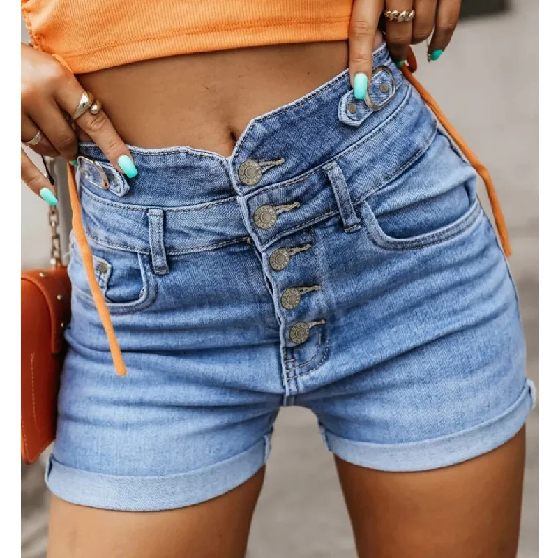 Trendy denim shorts for women with distressed details for an edgy, modern look-Sugar & Lace Womens Dusk Blue Denim Shorts - SL7831591-P704