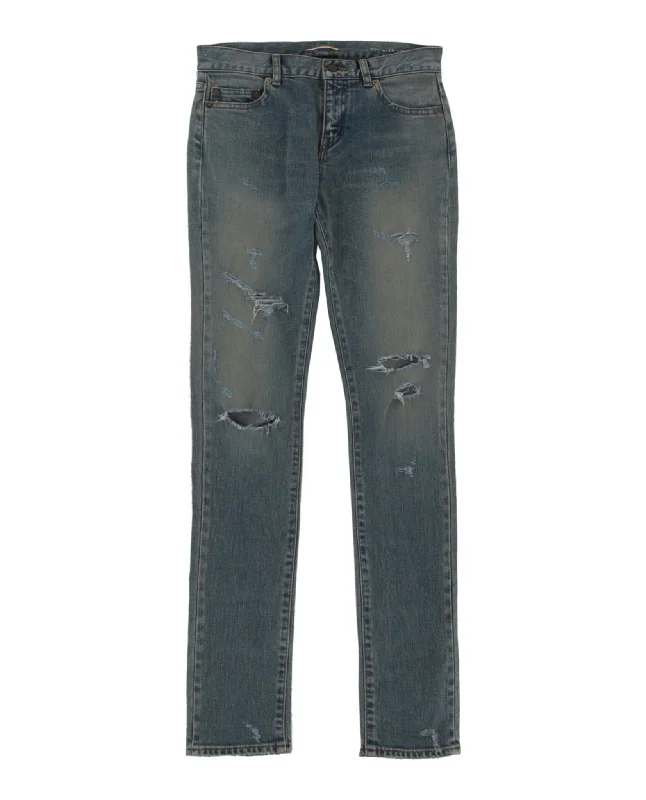 Retro-inspired tight trousers for men with a high-waisted fit and 80s vibe -Saint Laurent Womens Distressed Skinny Jeans