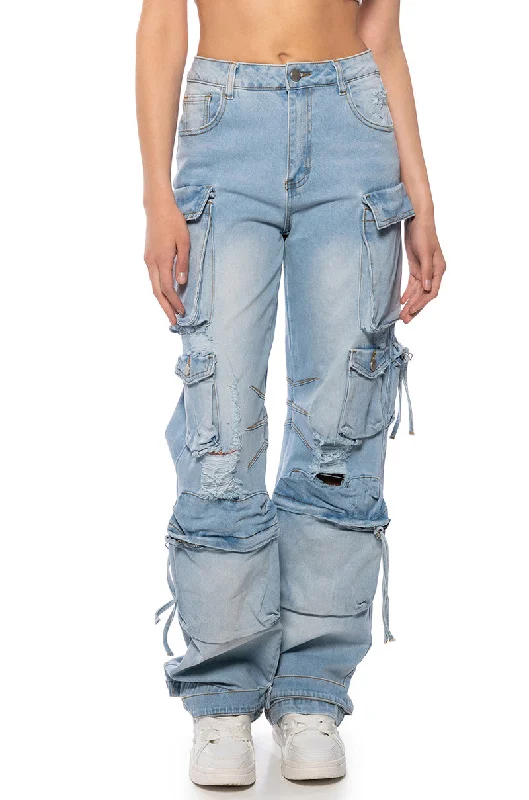 Ripped Jeans for Trendy Look -KEEP IT ON THE LOW RELAXED FIT CARGO JEANS