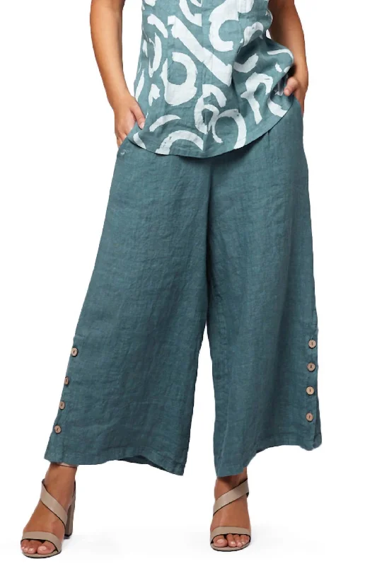 Tight trousers for women with leather accents and modern, bold design -Button Wide Leg Pant In Dusty Green